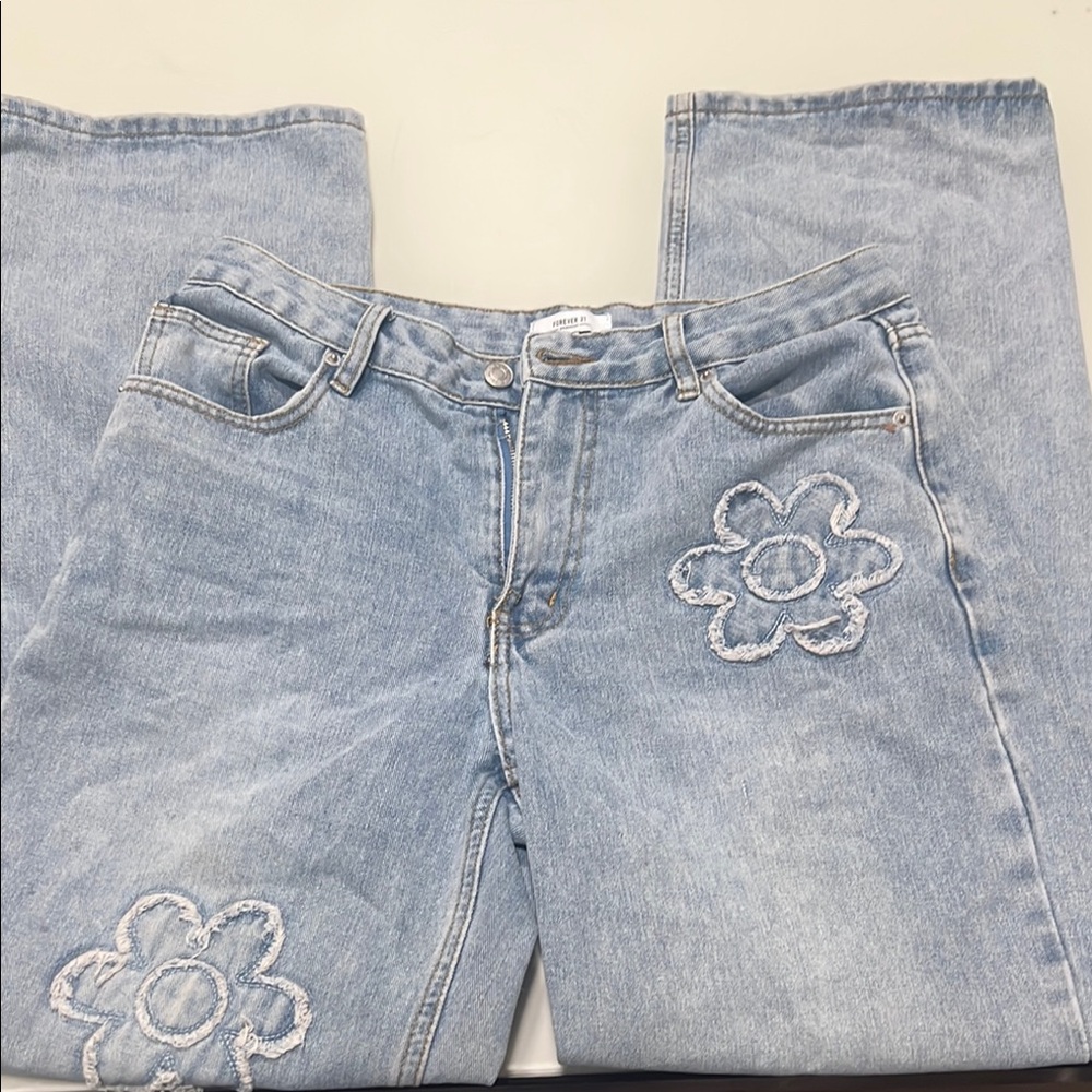 Forever 21 Blue Straight Leg Jeans with Embroidered Details